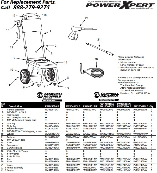 PW205420LE Pressure Washer Parts